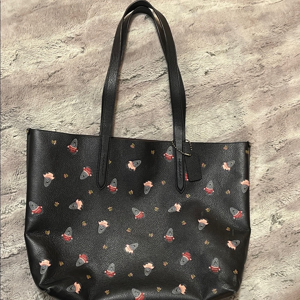 Elegant Black Coach Holiday Tote Bag with Sharks in Sweaters Patterned Design